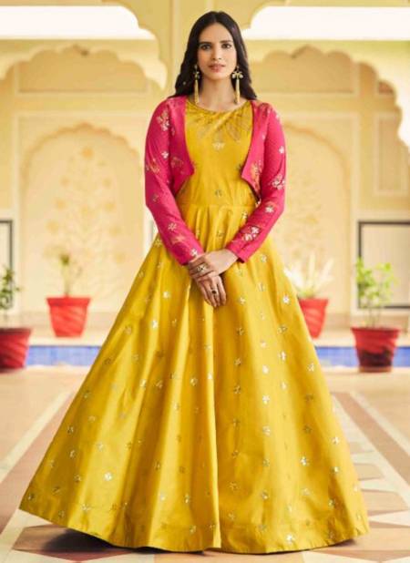 Yellow Colour Flory Vol 22 Shubh Kala New Latest Designer Festive Wear Cotton Anarkali Gown With Koti Collection 4767